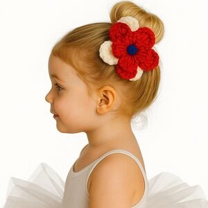 Handmade Red and White Crochet Flower Hair Accessory Hand Crafted 3-D Floral 6"